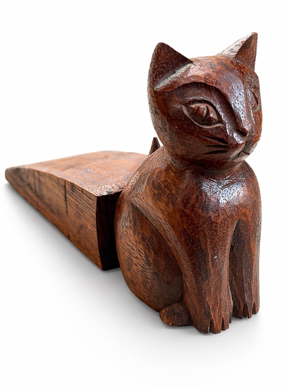 Vintage Hand Carved Wooden Cat Doorstop Mid Century Boho Decor Teak Style